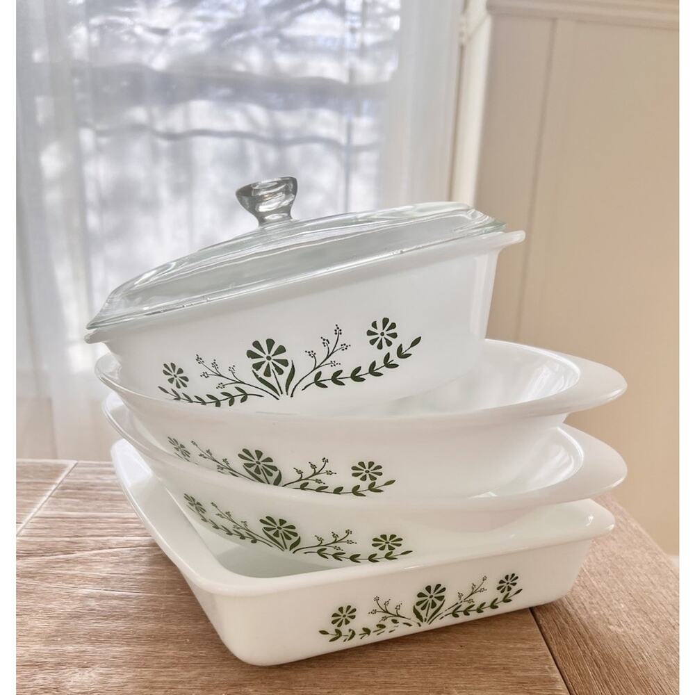 Vintage 60s 70s Glasbake Green Daisy Casserole Set 4pc Milk Glass Lid MCM USA